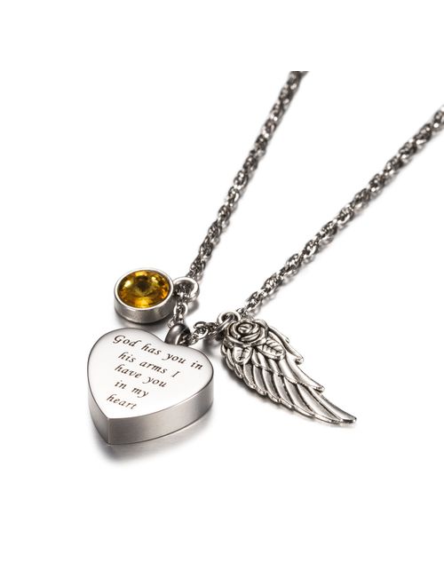 AMIST God has You in his arms with Angel Wing Charm Cremation Jewelry Keepsake Memorial Urn Necklace with Birthstone Crystal