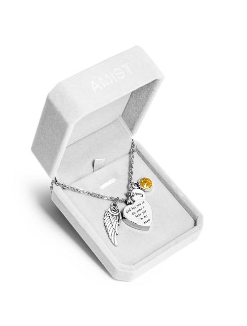 AMIST God has You in his arms with Angel Wing Charm Cremation Jewelry Keepsake Memorial Urn Necklace with Birthstone Crystal