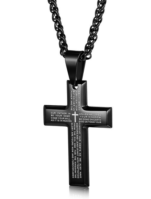 Jstyle Stainless Steel Black Cross Pendant Necklace for Men Lord's Prayer Necklace Heavy Wheat Chain 22 24 30 Inch