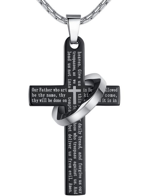 Aoiy Men's Stainless Steel Large Our Father Lord's Prayer Cross Halo Pendant Necklace, 23" Chain