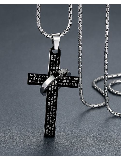 Aoiy Men's Stainless Steel Large Our Father Lord's Prayer Cross Halo Pendant Necklace, 23" Chain
