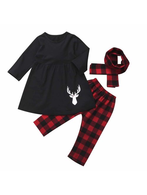 3Pcs/Set Kids Toddler Baby Girl Christmas Outfits Long Sleeve Top Dress Pants with Headband or Scarf
