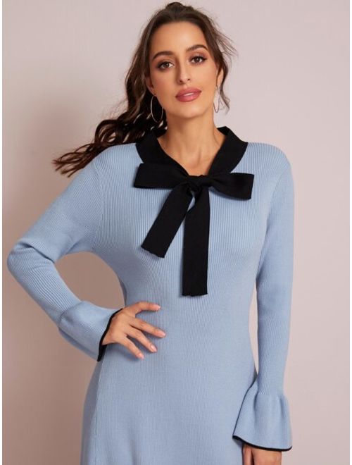 Tie Neck Contrast Trim Flounce Sleeve Sweater Dress