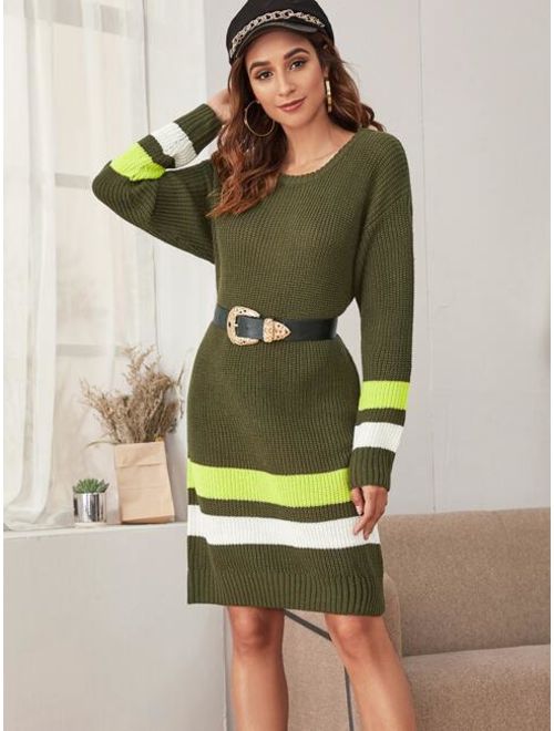 Shein Drop Shoulder Striped Sweater Dress Without Belt