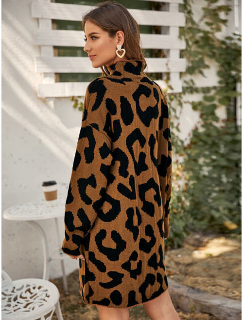 Shein High Neck Drop Shoulder Leopard Sweater Dress Without Belt
