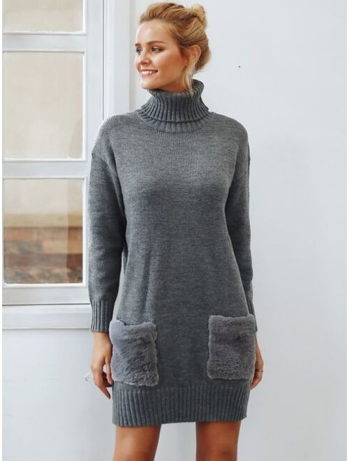 Simplee Turtle Neck Fuzzy Pocket Sweater Dress