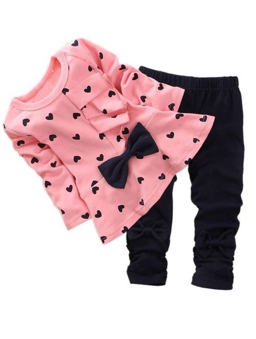 Machbaby 2 Pcs Baby Little Kids Girls Heart Bowknot Long Sleeve Top and Legging Set Outfits