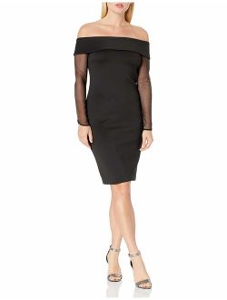 Women's Petite Off The Shoulder Sheath with Illusion Sleeves Dress