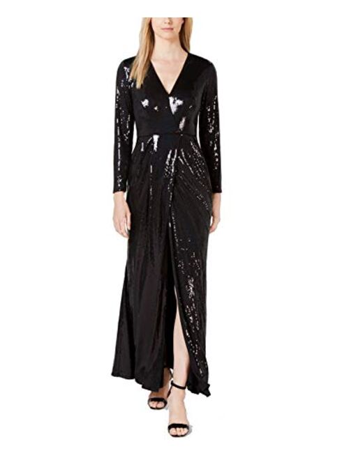 Calvin Klein Women's Long Sleeve Sequin Gown with Cross Front V Neckline