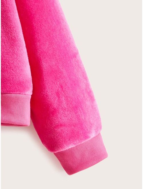 Shein Neon Pink Zip Up Hooded Teddy Sweatshirt