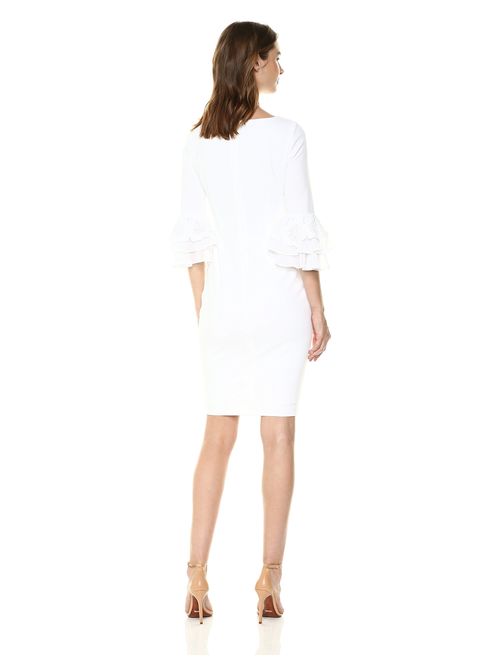Calvin Klein Women's Solid Sheath with Three Quarter Chiffon Bell Sleeve Dress