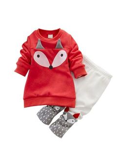 JINTING Little Girl Cartoon Fox Cotton Thick Velvet Long-Sleeved Sweater Suits Sets