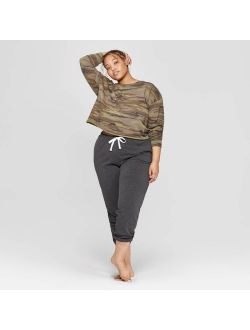 Women's Plus Size Camo Print Cropped Crewneck Lounge Sweatshirt - Colsie™ Green