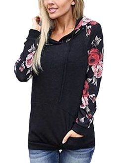 Angashion Women Hoodies-Tops- Floral Printed Long Sleeve Pocket Drawstring Sweatshirt with Pocket