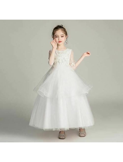 First Communion Dresses Ball Gown For Girls O-Neck 3/4 Sleeve Bow Sashes Flower