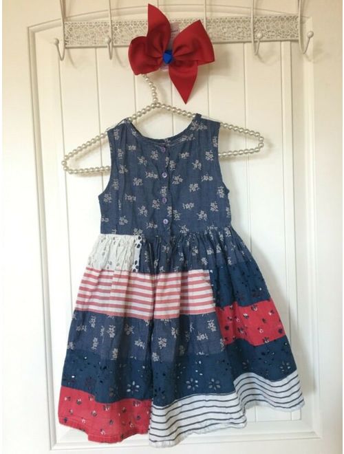 Cutey Couture Girl Dress Red Blue White Eyelet Stripe Floral Size 4/5T & Gift
