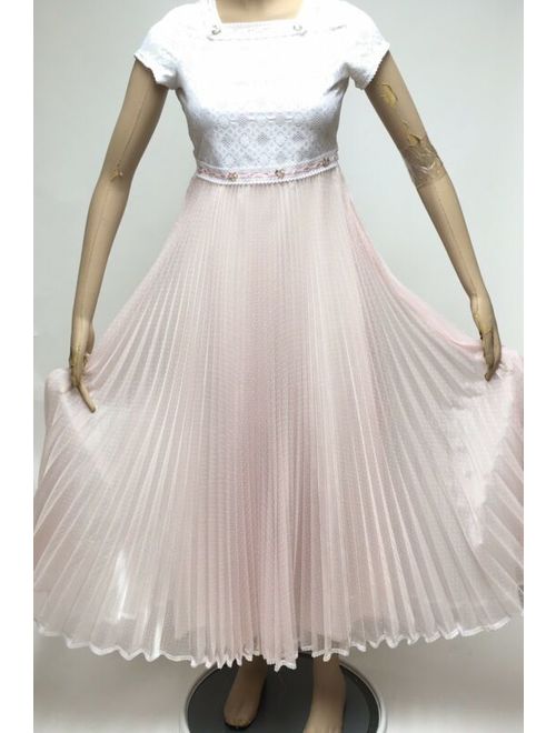 Pink Swiss Dot Flocked Dress Pageant Church Modesty Maxi Beautique Pleated Sz 14