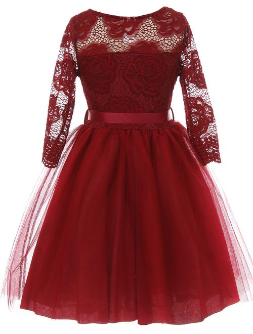 Little Girls Long Sleeve Girls Dress Floral Lace Roses Corsage Christmas Flower Girl Dress Burgundy 4 (J20KS98)