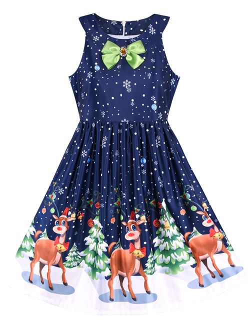 Girls Dress Christmas Eve Christmas Tree Snow Reindeer Party 7