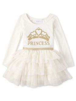 'Princess' Crown Long Sleeve Tiered Tutu Glitter Dress (Baby Girls & Toddler Girls)