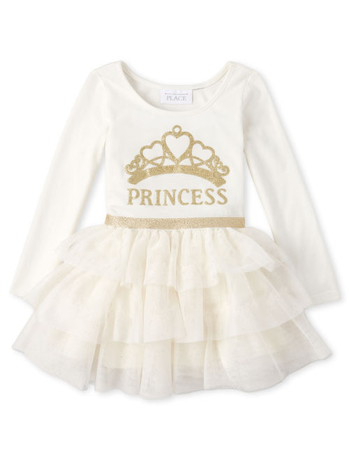 The Children's Place 'Princess' Crown Long Sleeve Tiered Tutu Glitter Dress (Baby Girls & Toddler Girls)