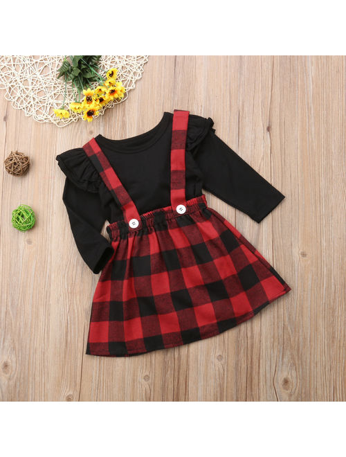 Baby Girls Christmas Outfits Long Sleeve T-shirt With Red Plaid Suspender Dress 1-2 Year