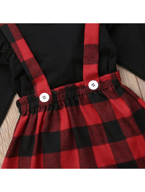 Baby Girls Christmas Outfits Long Sleeve T-shirt With Red Plaid Suspender Dress 1-2 Year