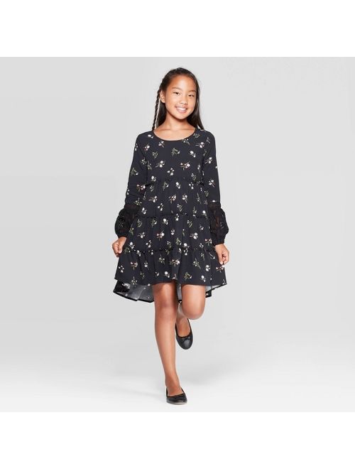 Girls' Long Bubble Sleeve Tiered Dress - art class Black