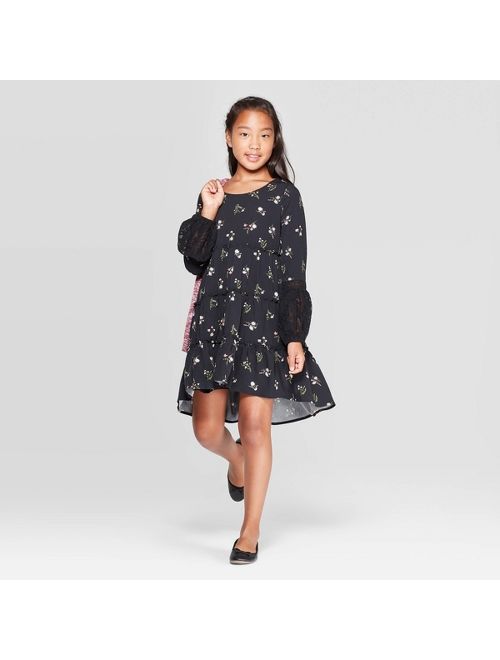 Girls' Long Bubble Sleeve Tiered Dress - art class Black