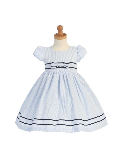 Light Blue Stripe Short Sleeve Seersucker Easter Dress Girls 3M-4T
