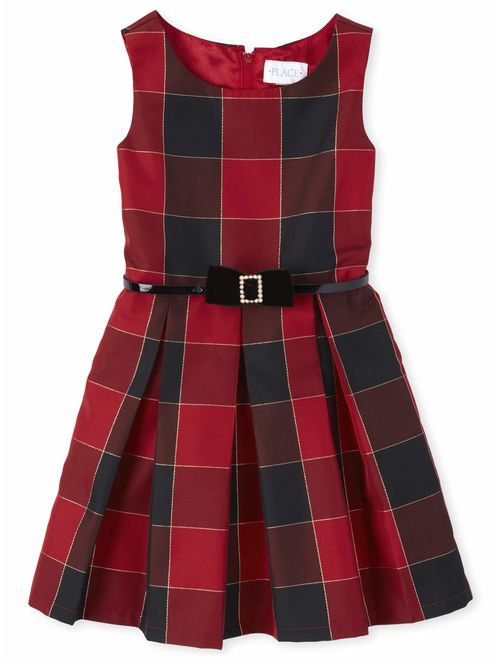 The Children's Place Girls 4-16 Sleeveless Holiday Christmas Plaid & Bow Dress