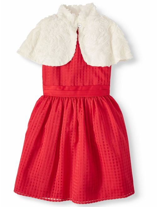 Wonder Nation Holiday Christmas Pane Dress With Removable Faux-Fur Capelet (Little Girls, Big Girls & Plus)