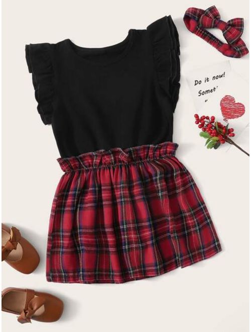 Shein Toddler Girls Contrast Tartan Hem Frill Dress With Headband