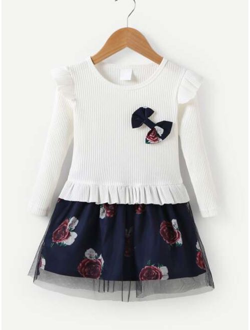 Shein Toddler Girls Contrast Mesh Floral Print Dress