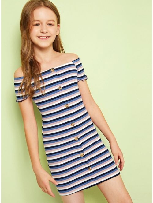 Shein Girls Button Front Rib-knit Bardot Striped Dress
