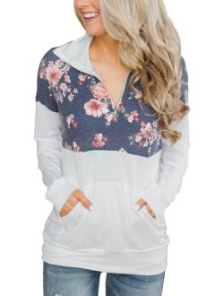 AlvaQ Women Quarter Zip Color Block Pullover Sweatshirt Tops with Pockets(9 Colors,S-XXL)