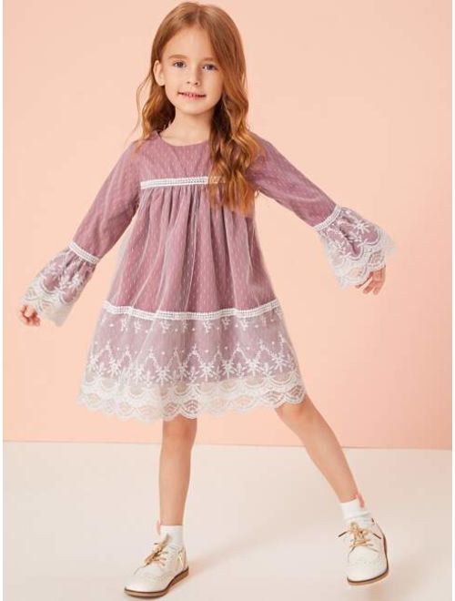 Shein Toddler Girls Lace Panel Flounce Sleeve Smock Dress