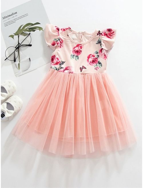 Shein Toddler Girls Contrast Mesh Floral Print A-line Dress