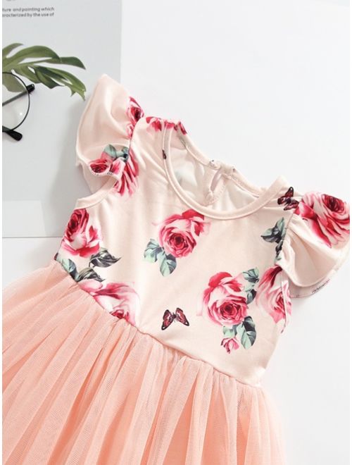 Shein Toddler Girls Contrast Mesh Floral Print A-line Dress