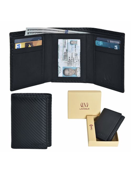 Genuine Leather Mens RFID Blocking Slim Trifold Wallet with 6 Cards+1 ID Window + 2 Note Compartments.
