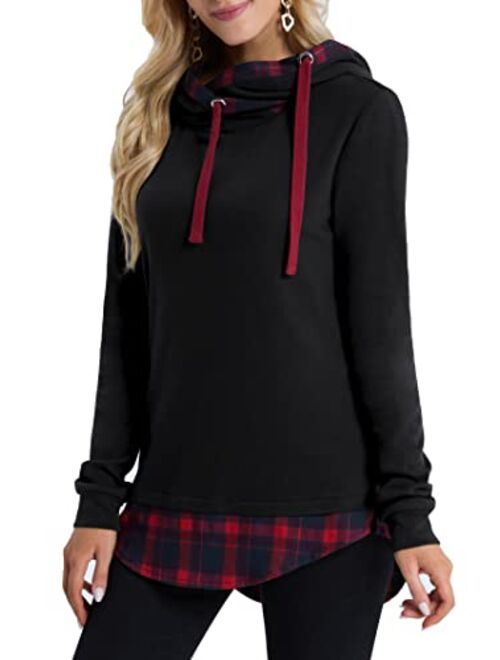 DJT Women's Funnel Neck Check Contrast Pullover Hoodie Top