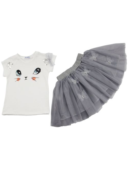 Jastore Kids Girls Cute Cat Pattern Clothing Sets Top + Tutu Skirt
