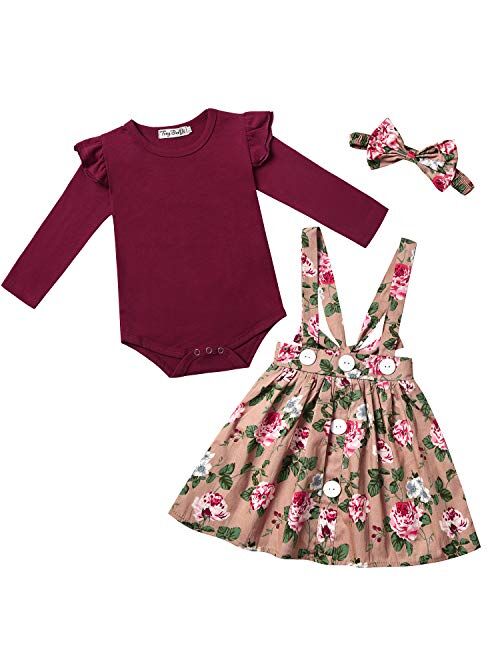 Baby Girl Clothes Short Sleeve Ruffle Romper Suspender Floral Skirt Outfit Set with Headband
