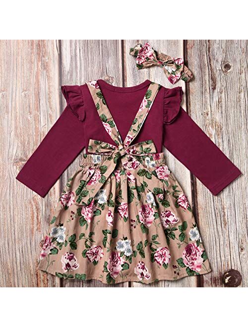 Baby Girl Clothes Short Sleeve Ruffle Romper Suspender Floral Skirt Outfit Set with Headband