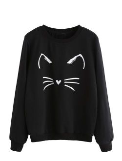 Women's Cat Print Lightweight Sweatshirt Long Sleeve Casual Pullover Shirt