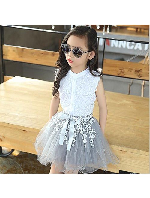 2PCS Toddler Kids Baby Girl Lace T-shirt Tops Dress Skirts Autumn Outfit Clothes