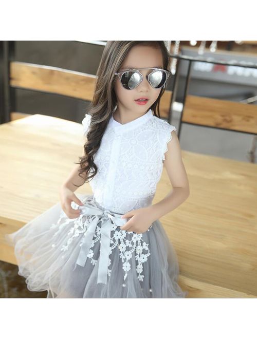 2PCS Toddler Kids Baby Girls Lace Shirt Tops Tutu Skirt Dress Outfit