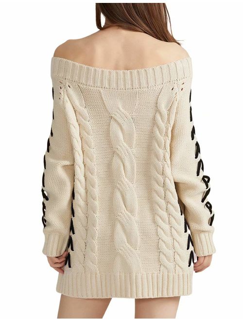 QUALFORT Women's Sweater Dress Off Shoulder Sexy Pullover Dresses Winter