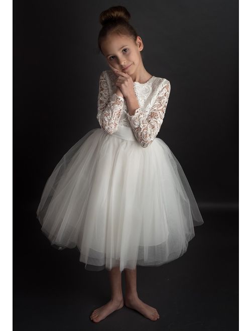 Flower Girl Dress Long Sleeves Lace Top Tulle Skirt Kids First Communion Gowns