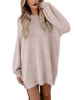 Meenew Women's Faux Fur Oversized Loose Long Pullover Sweater Dress with Pockets
